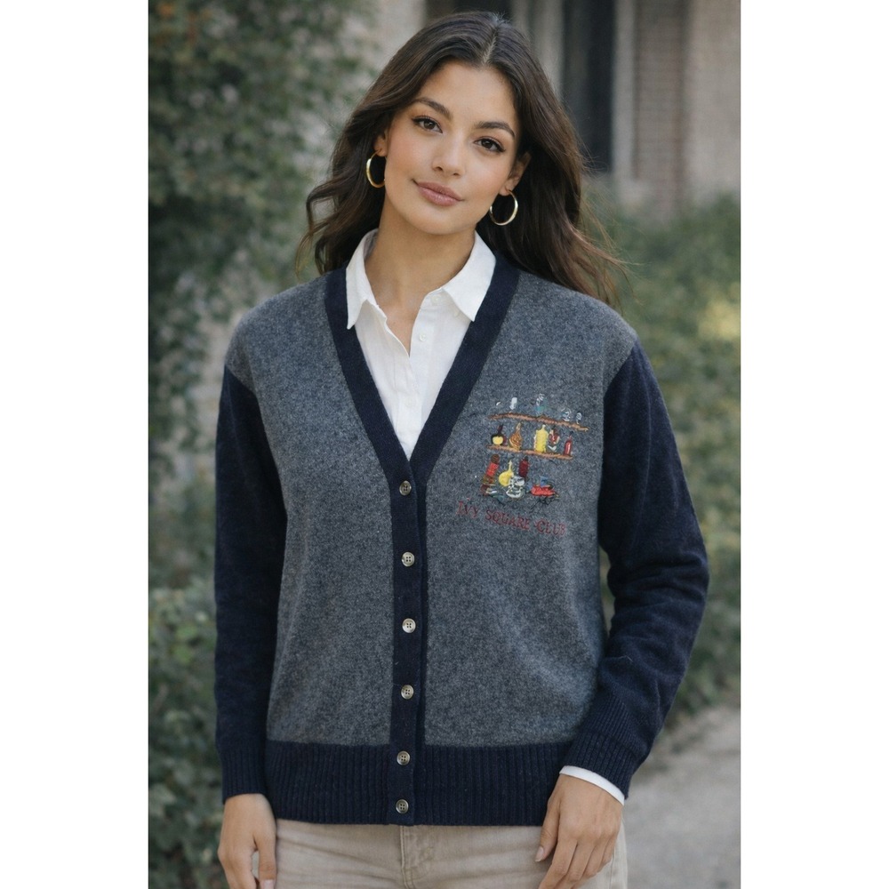 Goodman Cardigan Women XL Gray Embroidered Science‎ Lambswool Academia Preppy